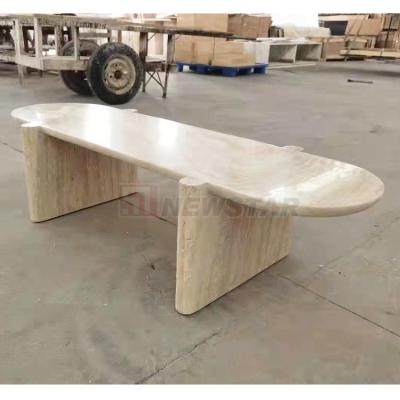 China Custom Natural Nordic Beige Marble Luxury Oval Travertine Style Design Space Furniture Stone Stone Dining Table Set Modern Long Dining Table Set for sale