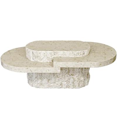 China Nordic Natural Stone Designer Table Furniture Oval Living Edge Color Travertine Home Pink Beige Stone Mixed Natural Marble Coffee Table for sale