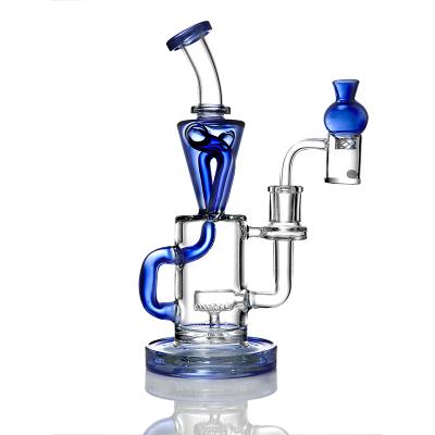 China 2021 newest e-friendly transparent blue arms hookah high temperature glass shisha around and cylindrical porous bubbler glass water pipe for sale