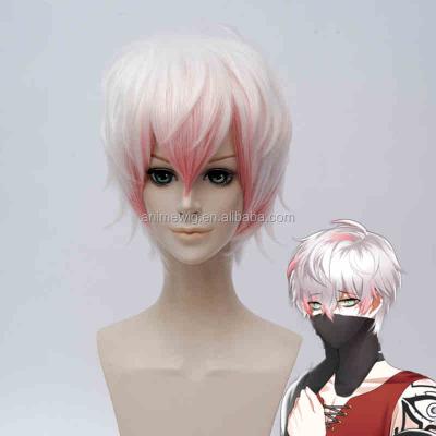 China Anime Cosplay Hair Short Straight Wig 30cm White&Pink Mixed Mystic Messenger Saeran Cosplay Wig for sale