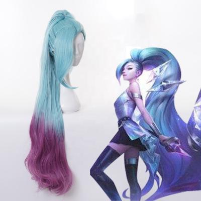 China New Wholesale Libertine Curl League of LOL Seraphine Cosplay Wig 100cm Synthetic Anime Peluca Legends Long Blue&Purple With Ponytail for sale