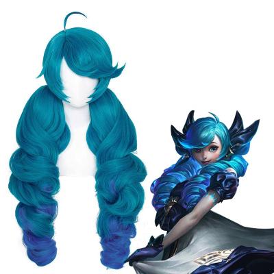 China Wholesale Curly Curly Blue Mixed League of LOL Gwen Wig Cosplay 80cm Long Loop Synthetic Hair Peluca Legends Anime Wig With 4Ponytails for sale