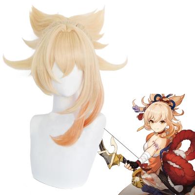 China Directly Wholesale 50cm Long Impact Genshin Cosplay Anime Peluca Synthetic Hair Yoimiya Blonde Mixed Wig With Ponytail for sale