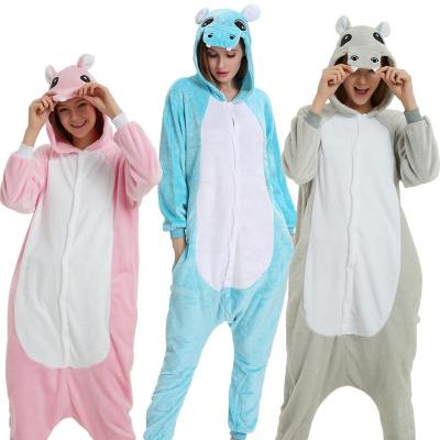 China Unisex Adult Gray Hippo Onesie Animal Onesies Cartoon Breathable Wholesale Flannel Pink Blue Pajamas Sets Sleepwear for sale