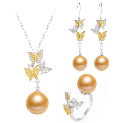 China Necklace Earrings Ring Engagement Pearl Environmental Friendly Jewelry Set For Women 18K Gold Plated Halo CZ Hypoallergenic Wedding Jewelry Set for sale