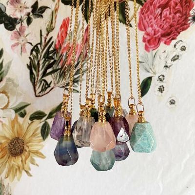 China Natural Europe and America Milliedition Crystal Gemstone Aroma Essential Oil Long Diffuser Perfume Bottle Necklace Pendant for Women for sale