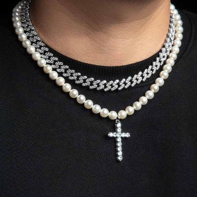 China FASHIONABLE Natural Shell Beads Cross Necklace Zircon Clavicle Chain Hip Hop Spiky Bang Stacked European and American Inlaid Gemstone for sale