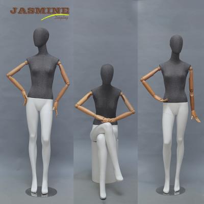 China Fiberglass Female Mannequin Covered Wooden Hands Cloth Tailor Bust Mannequins for sale