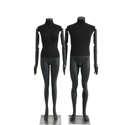 China Fiberglass Wooden Body Full Hands Black Cloth Standing Male And Female Mannequins for sale