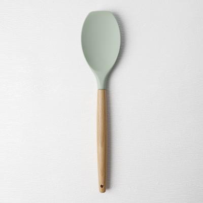 China Unique Cute Custom Wood Handle Sustainable Stick Non Cooking Kitchen Utensils Scraper Small Soup Mixing Hot Silicone Spatula Spoon for sale