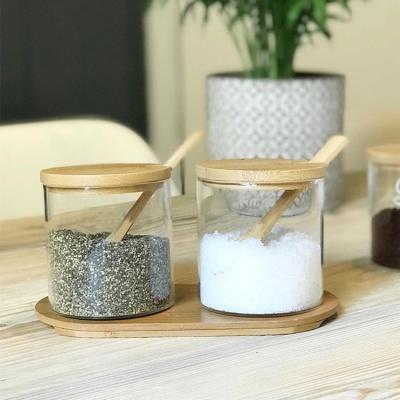 China New Design Stored Glass Spice Jar For Kitchen Storage With Bamboo Tray for sale