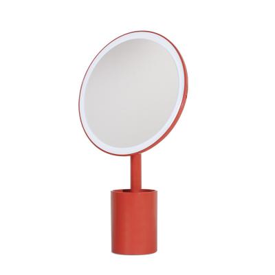 China Lighted Rechargeable Brush Holder Mirror Desktop Storage Makeup Mirror With Lamp Dormitory LED Dressing Mirror for sale