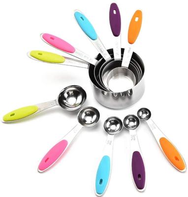 China Sustainable Kitchen Measuring Cups And Spoons Sets Of 10, Metal Measuring Sets Stainless Steel For Dry And Liquid Ingredients Silicone Handle for sale