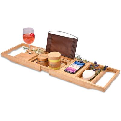 China Sustainable Bamboo Bathtub Tray Perfect Expandable Bathtub Caddy with Reading Rack or Shelf Holder A Wine Glass Holder for Bathroom for sale