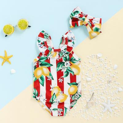 China Cross Made Anti-UV Bowknot Ruffled Swimming Suit Fruit Swimwear Little Girl One-Piece Swimwear For Kids for sale