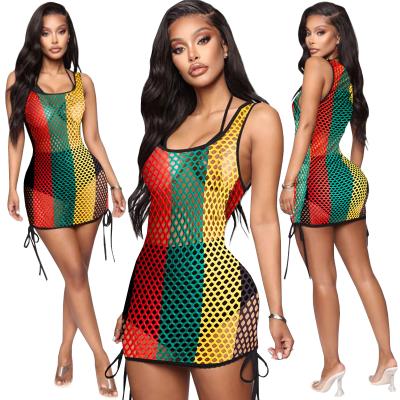 China Hot Selling Anti-UV Sheer Bodysuit Aluminum Stripe Mesh Bodysuit One Piece Strapless Knot Wrap Women Dress for sale