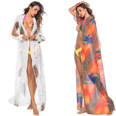 China High Quality Anti-UV Long Sleeve V-neck Wrap Print One-Piece Women Dress Cover Up Beachwear Cover Up for sale