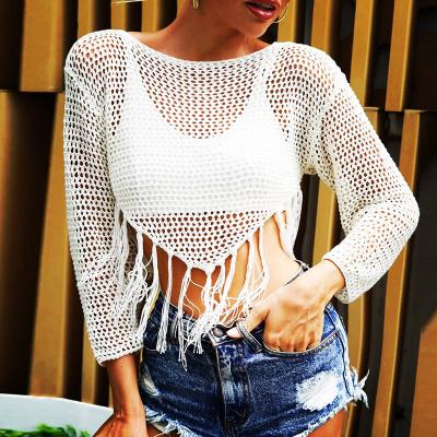 China Breathable Cavity Out White Long Sleeve Round Neck Bathing Suit Women Tassel Swimwear And Sun Protection for sale