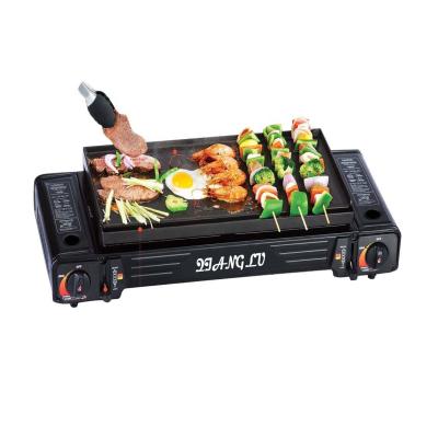 China Portable Metal Double Burner Gas Cooker, Portable Two Burner Butane Gas Cooker with BBQ Sets for sale