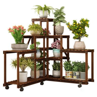 China Modern Multi Layer Pine Wood Corner Flower Pot Display Rack With Wheels for sale