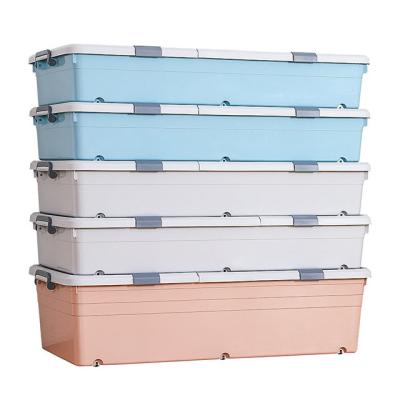 China Macaroon Large Capacity Clothes Storage Box Stocked Plastic Stackable Organizer With Wheels for sale