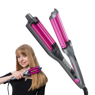 China Professional Three Barrel Hair Curler Heat Adjustable Settings 3 Barrels Hesitate Curling Iron Wand With LED Temperature Display Wave Hair Curling Iron for sale