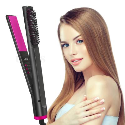 China Household Amazon Hot Selling 2 in 1 Comb Iron Hair Straightener Straightening and Curling Ceramic Flat Brush for sale