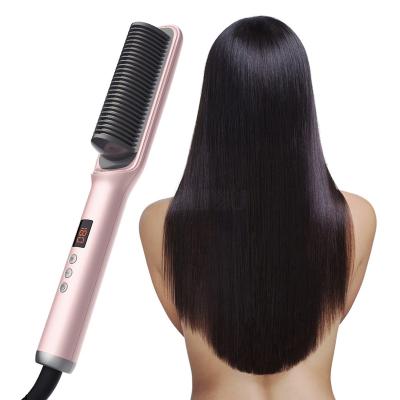 China Adjustable Heat Settings 2 in 1 Professional Electric Negative Ion Hair Straightener Brush Pink Electric Comb for sale