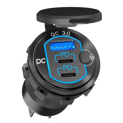 China 58W 12V Waterproof USB Outlet Quick Charge3.0 PD Type C 3 Car USB Left Outlet With Waterproof Aluminum Car Power Outlet Adapter for sale