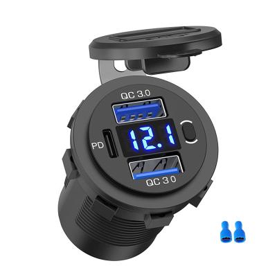 China 12v-24v Dual 18W Waterproof Fast Charging 3.0 And 20W Port PD 12V USB C Car Charger Socket With Voltmeter And Power Switch for sale