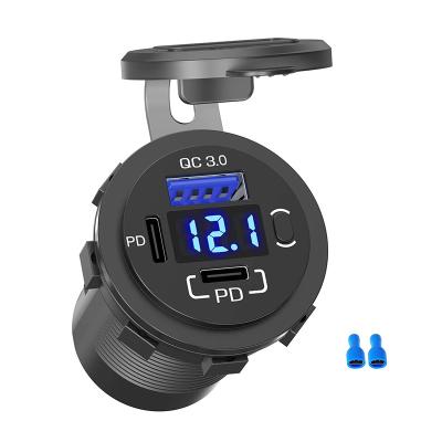 China Dual 12V USB-C Car Port PD 20W and 18W QC3.0 USB 58W 12V 24V USB C Car Charger Waterproof Socket with Voltmeter Button Switch for sale