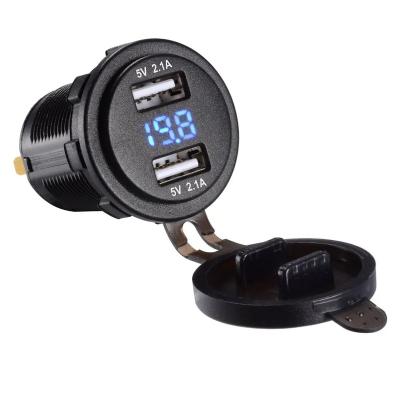 China Dual USB Waterproof 4.2A 2.1A and 2.1A Charger Socket Power Outlet With Blue LED Digital Display Voltmeter Monitor Battery Voltage for sale