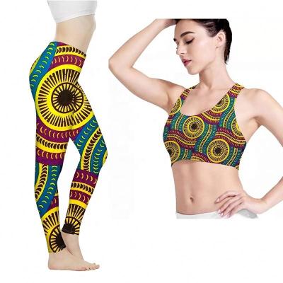 China Yellow African Tribal Fabric Four Way Stretch Pattern Women Sports Bra Women Fitness And Yoga Wear High Long Waisted Gaiters For Women for sale