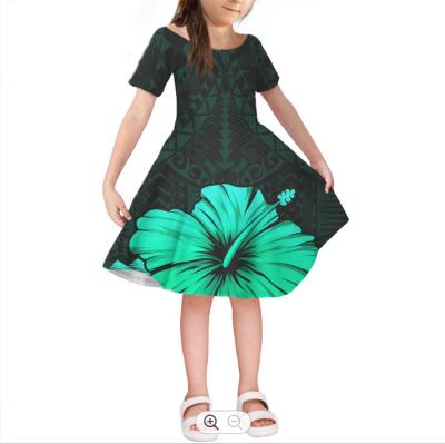 China Anti-wrinkle Hibiscus Turquoise Hawaiian Polynesian Customize Kids Princess Dresses For Girls Casual Sunbathing Summer Short Sleeve 8 Years for sale