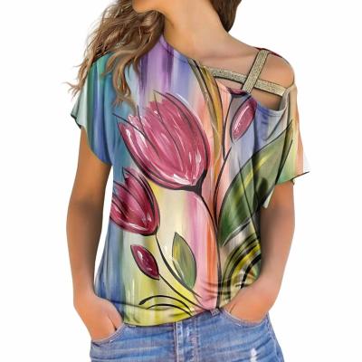 China Anti-wrinkle Women's Summer T-shirts For Mother's Day 3D Floral Printed Strapless Irregular T-shirt for sale