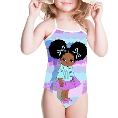 China Breathable African American Girl With Puff Afro Ponytails Print Girl Kids Swimwear Bikini Kids Beach Sport One Piece Swimsuit 3-7 Years for sale