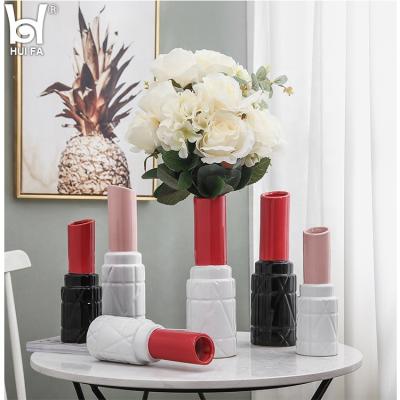 China Europe glazed ceramic flower vase with lipstick mold for home and hotel flower table decorative vase for sale