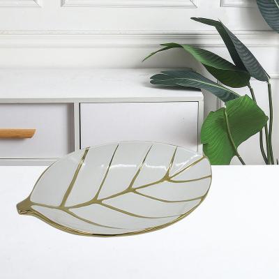 China Sustainable Popular Platter Leaf Design Porcelain Serving Dish With Gold Line For Home Decor for sale