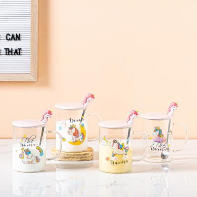 China Viable Hot Sale Reusable Cute Unicorn Mug With Lid And Spoon Simple Clear Glass Coffee Tumbler Mug Water Tea Milk Drinks Mug for sale