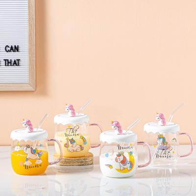 China Wholesale Viable Clear Glass Coffee Cup Mugs Bulk Cute Unicorn Mug Tea Cup With Silicone Spoon Lid Straw Milk Juice Cold Drinks Mug for sale