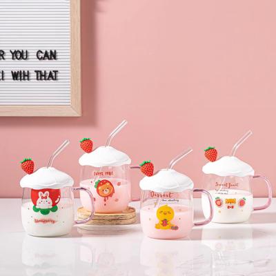 China Wholesale Viable Cute Clear Coffee Mugs For Girls Christmas Strawberry Juce Milk Korean Printed Glass Cup With Lid And Silicone Straw for sale