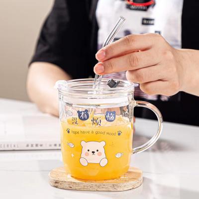 China 2021 Viable hot sale cute juce clear glass mug custom printed for tea and coffee borosilicate glass sublimation mug with lid and straw for sale