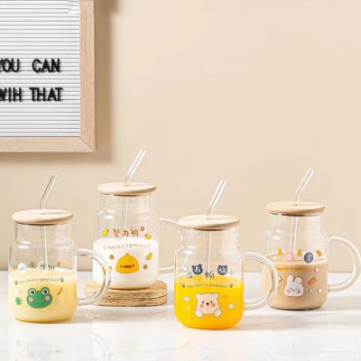 China Sustainable Animal Glass Water Cup With Lid Cute Bamboo Egg Cups For Girls Support Tumbler With Wooden Lid And Straw for sale