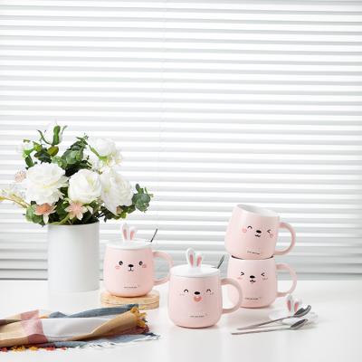 China Viable Wholesale High Quality Creative Cute Animal Mugs Rabbit Cartoon Ceramic Coffee Mug Pink With Lid And Spoon In Handle for sale