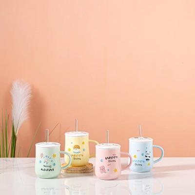 China Viable Wholesale Ceramic Animal Cartoon Cute Coffee Mugs For Girls With Handle Bottle Cup With Lid And Glass Straw for sale