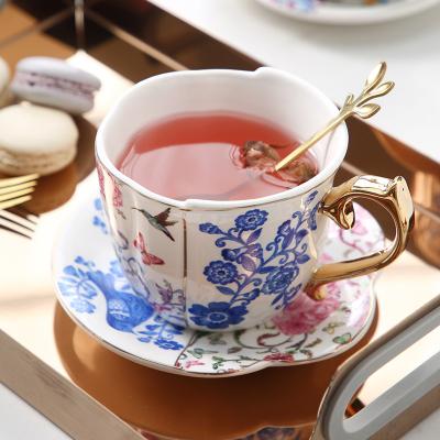 China Sustainable European Style Fine Bone China Luxury Ceramic Coffee Cup And Saucer Set Turkish Floral Tea Cup Set Creative Novelty Cups for sale