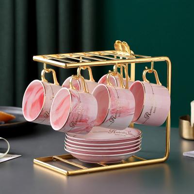 China High Quality Viable Rim Classic Nordic Marble Cup Gold Pattern Afternoon Tea Cup Porcelain Coffee Cup And Saucer Set for sale