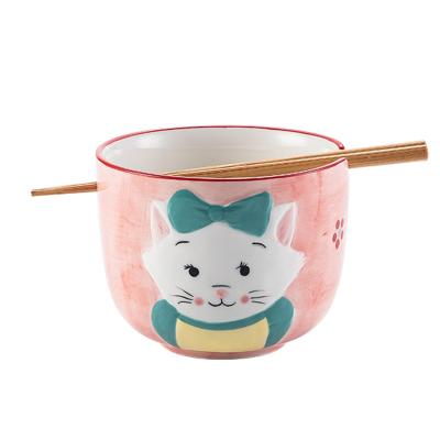 China Viable Cartoon Pink Japanese Pink Noodle Soup Ramen Ceramic Serving Bowl Large Korean Cute Rice Mixing Bowl for sale