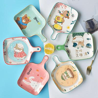 China Nordic Ceramic Square Rectangular Microwave Oven Viable Bakeware Serving Dish Cartoon Cheese Hand Painted Dinner Dishes With Handle for sale