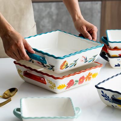 China Nordic Viable Square Ceramic Microwave Oven Dish Bakeware Kitchen Baking Dishes Printed Dinner Dishes for sale